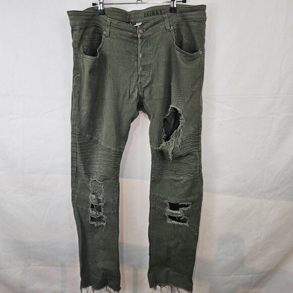 Divided Mens Distressed Ripped Skinny Fit Jeans Size 36x34 Olive Green Pants - Picture 1 of 12